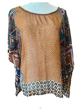 One Clothing Boho Geometric Sheer Batwing Blouse Top Size M